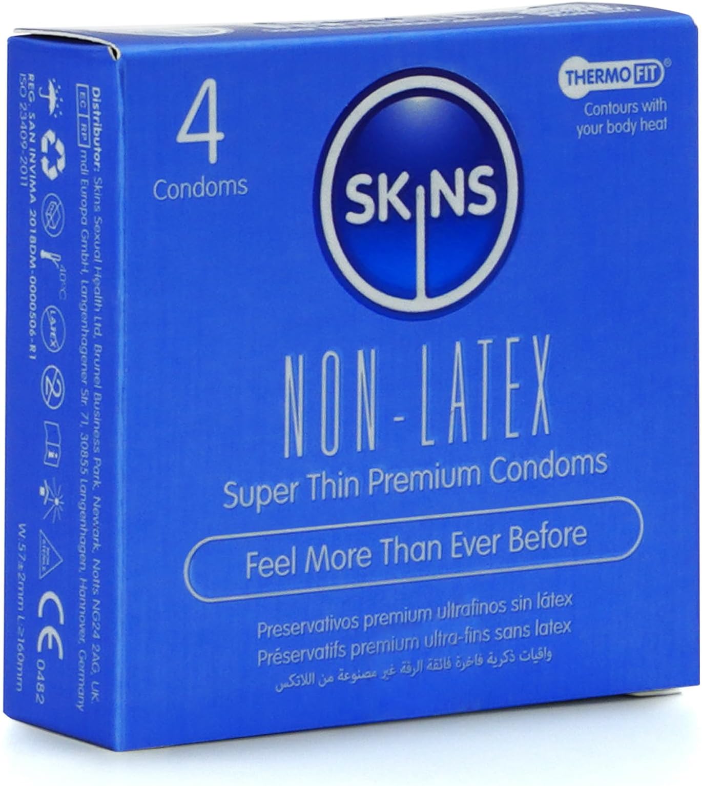 Skins Non-Latex Condoms 4 Pack, Regular Size, Super Thin Strong Latex Free Condom for Men, Smooth Shape, Thermo Fit Technology, Ultra Thin Condoms, Clear, Odourless, Hypoallergenic Condom