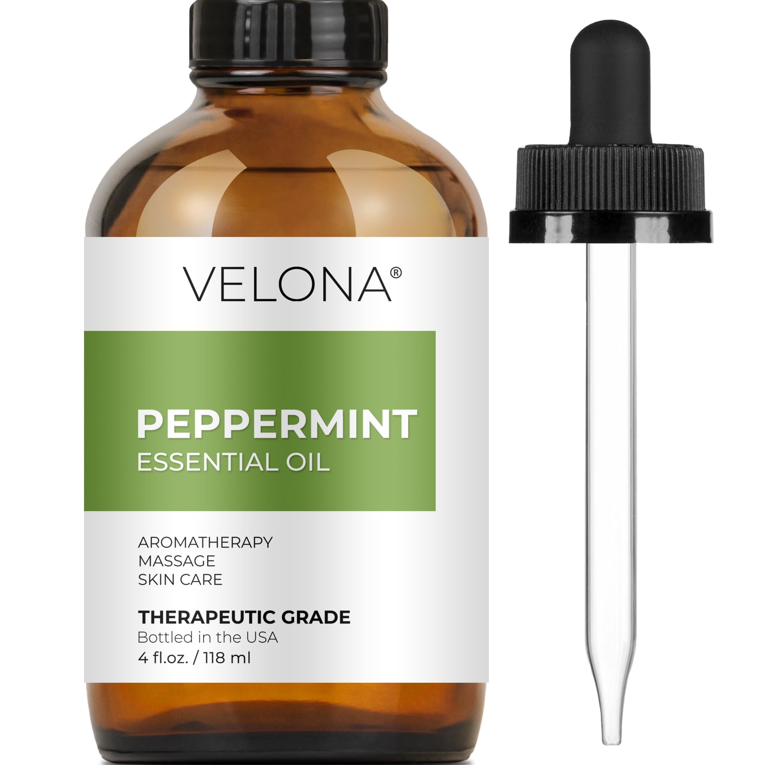 velona Peppermint Essential Oil 4 Fl Oz | Therapeutic Grade 100% Pure and Natural | for Aromatherapy Diffuser, Massage, Skincare, Haircare, Soapmaking | Undiluted and Multipurpose in Glass Bottle