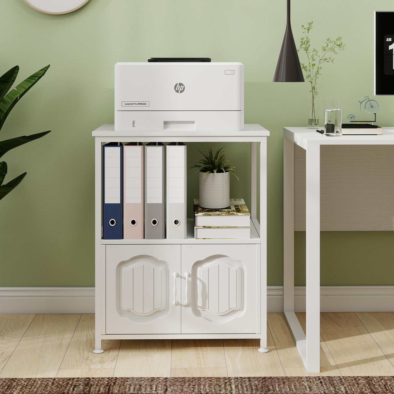Natwind 3 Tier Printer Stand with File Cabinet, Vertical Filling Cabinet with Open Shelves, Decorative Wood Printer Shelf with Storage for Home Office, White
