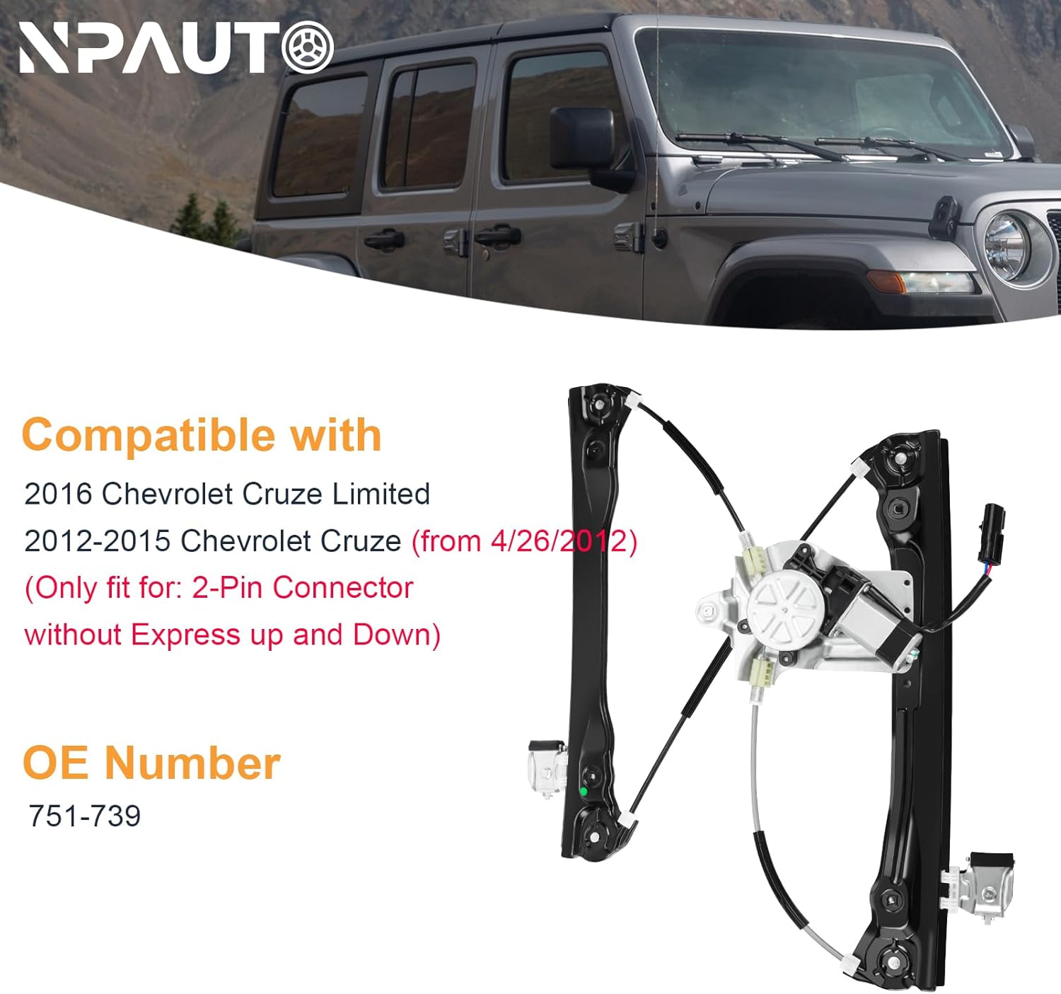 NPAUTO Front Left Driver Side Power Window Regulator with (2-Pin Motor) Replacement for 2012 2013 2014 2015 Chevy Cruze, 2016 Chevy Cruze Limited, 751-739