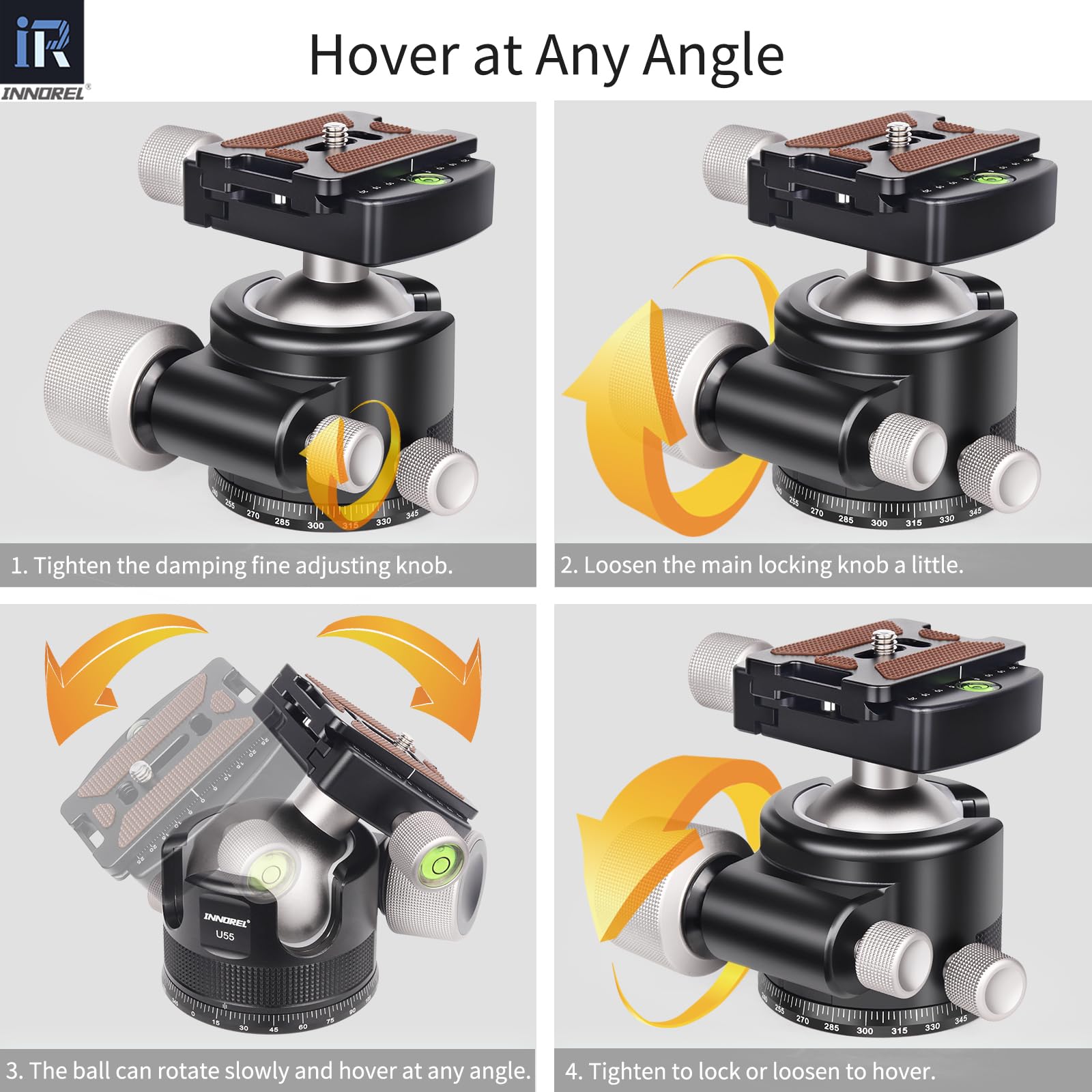 INNOREL Cabezal de bola de trípode de cámara de perfil bajo de 55 mm, CNC de metal resistente, cabezal de trípode panorámico 360 compatible con placa de liberación rápida Arca de 1/4 pulgadas para