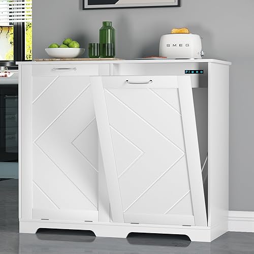 VECELO Double Tilt Out Kitchen Trash Bin Cabinet Dog Proof Garbage Can with Wood Holder Free Standing Recycling, White