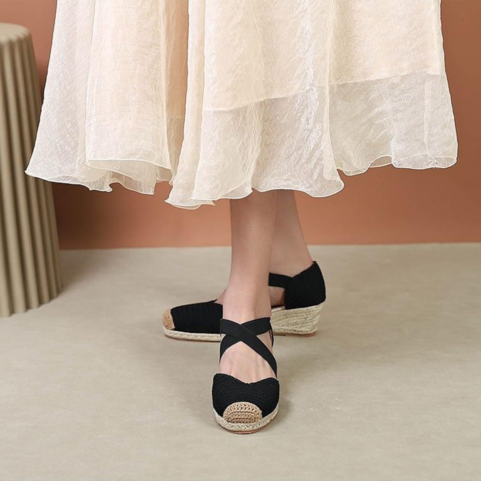 Genérico Sandalias Negras Comodas Zapatos Ortopedicos Mujer Sandalias de Esparto para Mujer,con Puntera Cerrada Y,Estilo Casual Sandalia Tacon Zapatillas Ortopedicas Verano