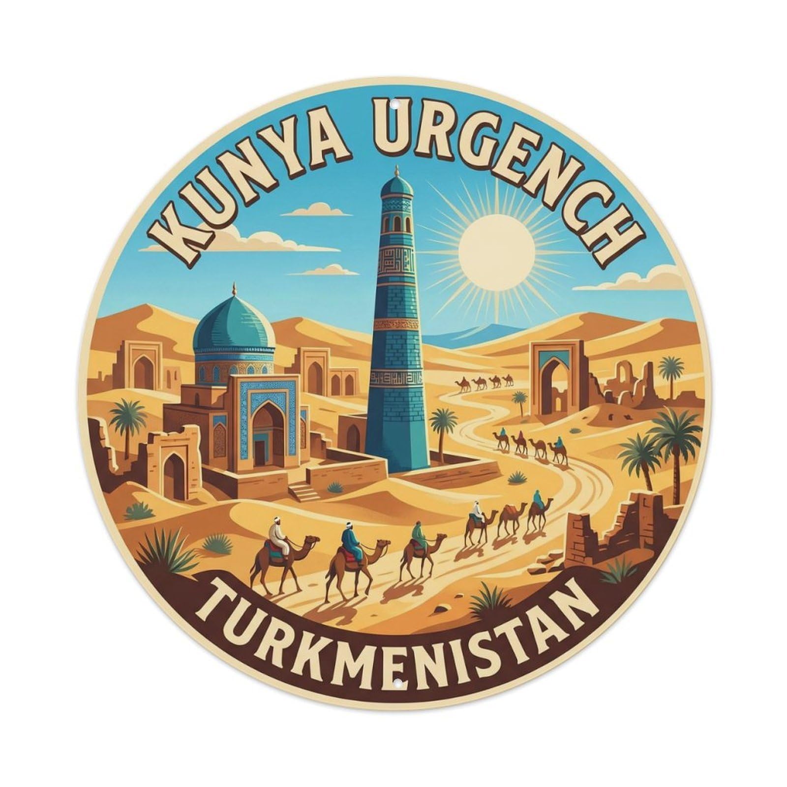 Vintage Travel Turkmenistan Kunya Urgench Metal Tin Sign