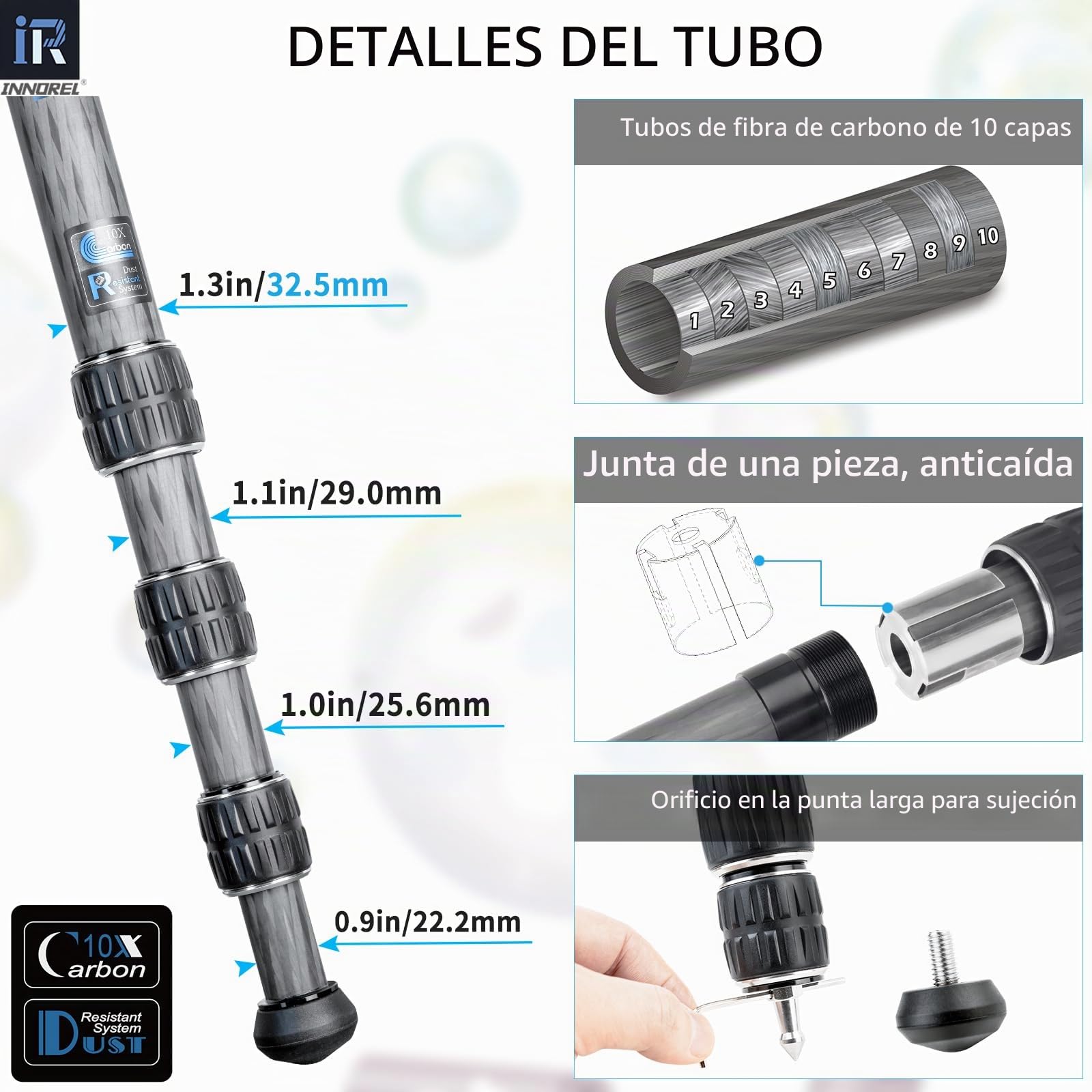 Trípode de Fibra de Carbono-INNOREL CT85C Sin Cabezal Trípode de Viaje portátil súper Profesional para cámara DSLR Tubo de 32 mm Carga máxima 25 kg con Columna Central Corta