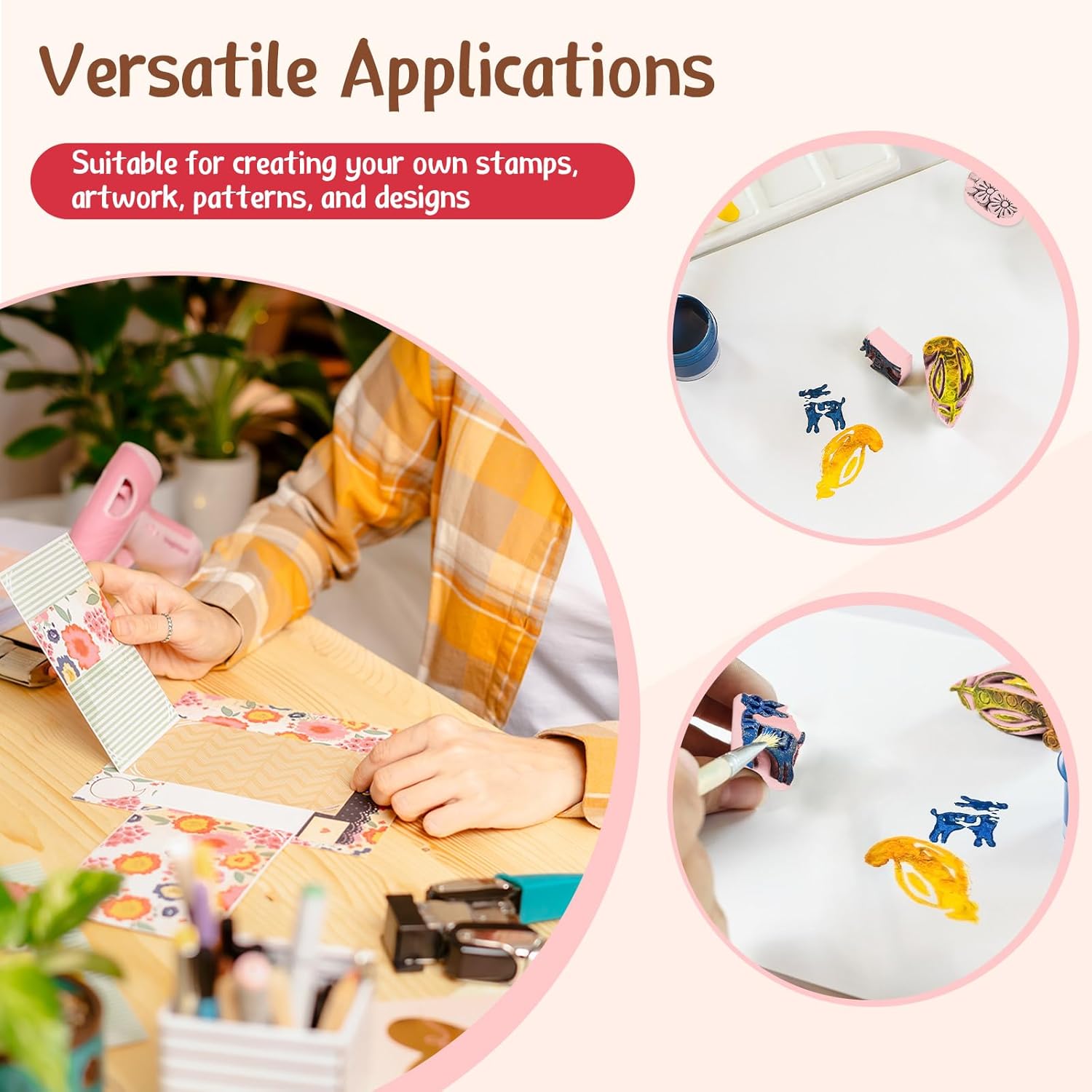 Gilprop 4 Pcs Pink Rubber Block 8 x10 x 0.25 Inch Linoleum Carving Block Stamp Making Kit Soft Rubber Carved Brick for Printmaking Stamp DIY Craft Project Printing