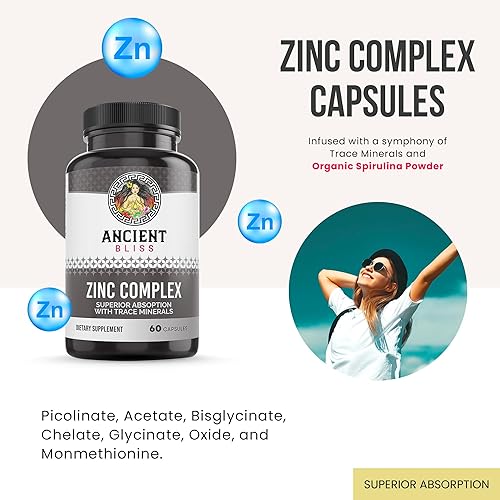 Miniatura 2 de Ancient Bliss - Cápsulas complejas de zinc con absorción mejorada, suplemento antioxidante y de apoyo inmunológico, suplemento de zinc para hombres