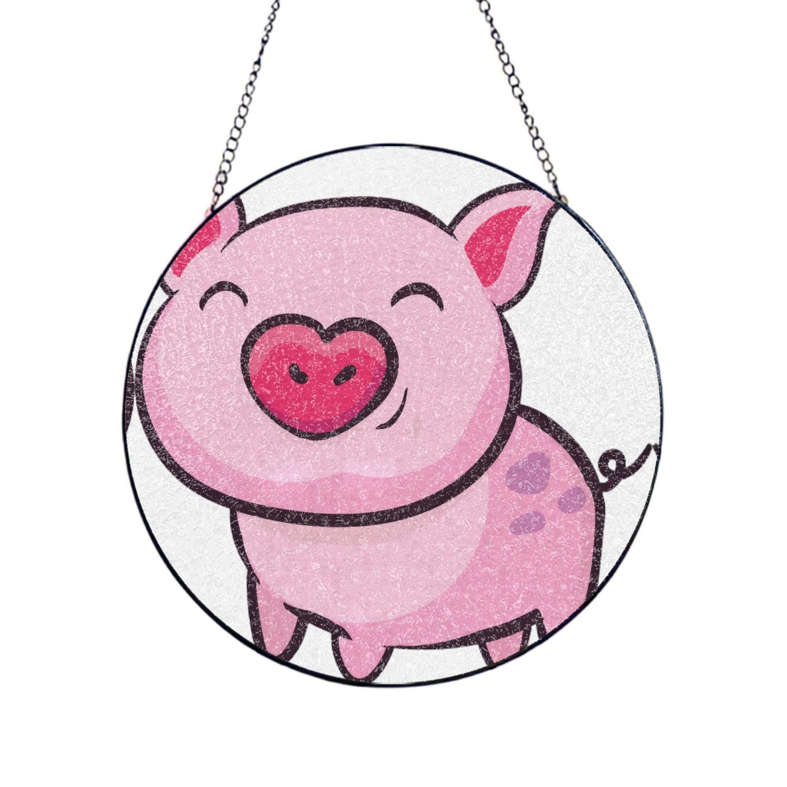 Phayah Smile Pink Pig Print Glass Window Hanging Round Suncatcher Glass Ornament Garden Wall Fence Decorations Indoor Outdoor 12in（30cm）