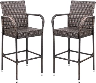 Homall Wicker Patio Bar Stools Set of 2 with Armrests & Footrest - Indoor Outdoor Barstools for Garden Pool Backyard (Brown)