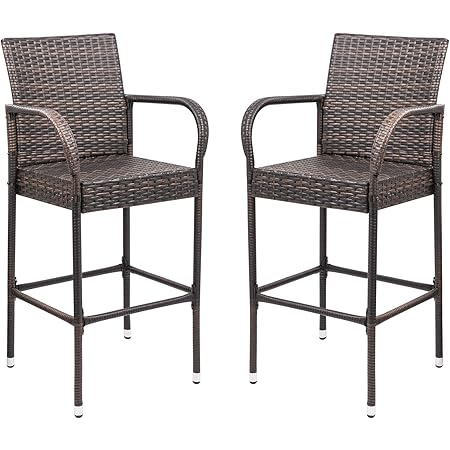 Homall Patio Bar Stools Wicker Barstools Indoor Outdoor Bar Stool Patio Furniture with Footrest and Armrest for Garden Pool Lawn Backyard Set of 2 (Brown)