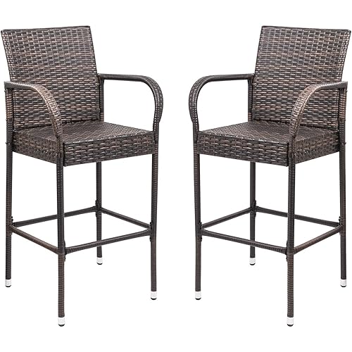 Homall Patio Bar Stools Wicker Barstools Indoor Outdoor Bar Stool Patio Furniture with Footrest and Armrest for Garden Pool Lawn Backyard Set of 2 (Brown)