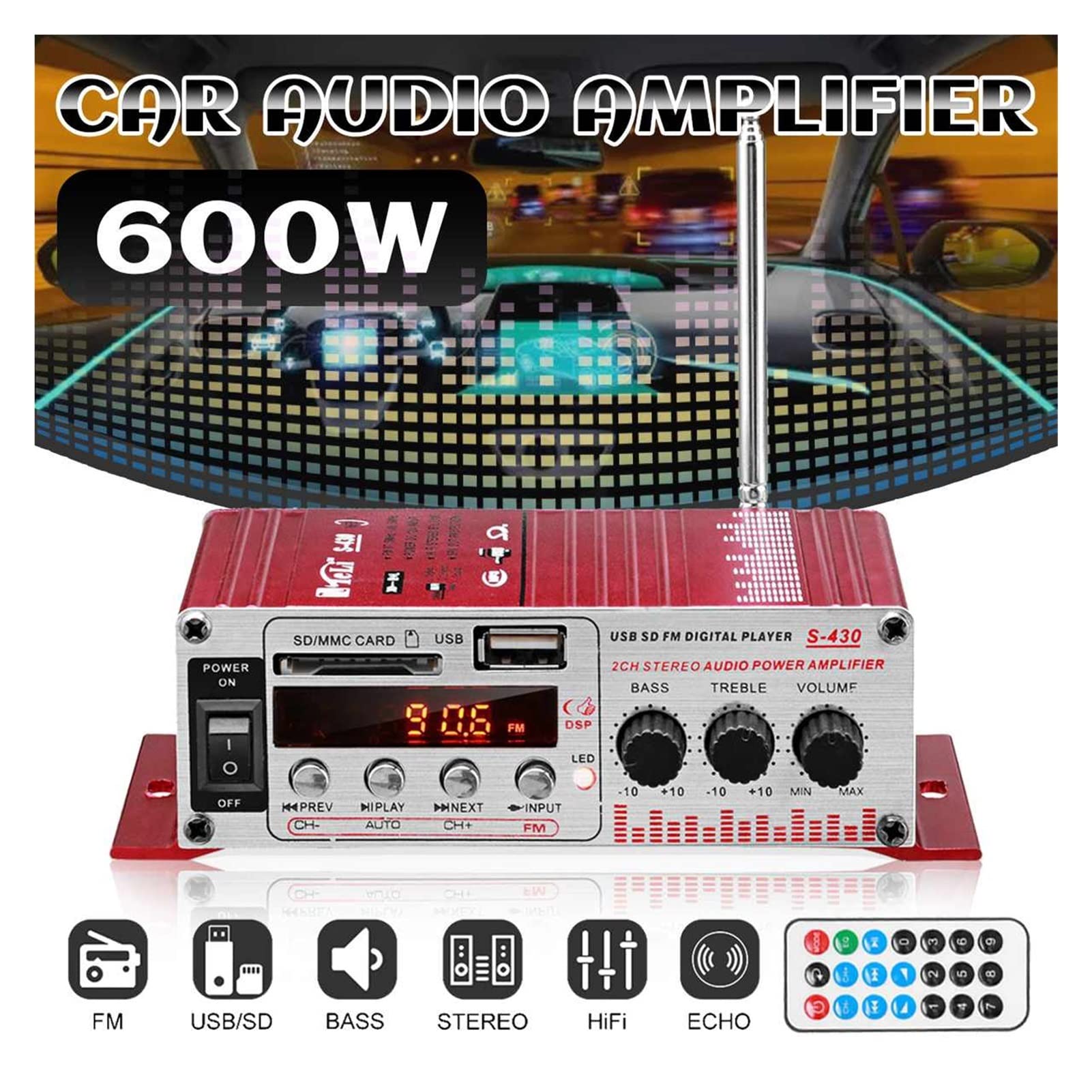 Amplificatore Audio, S430 600W 2CH. Auto HiFi. Amplificatore audio Lcd. Display Classe D Power amplificador Radio Car Home Altoparlante FM USB SD.(Rot)