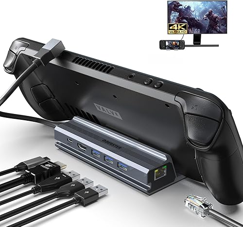 OBERSTER Estación de acoplamiento de Steam Deck 6 en 1, HDMI 2.0, 4K 60Hz, Gigabit Ethernet, 3 USB A 3.0 y puerto de carga USB C, compatible con