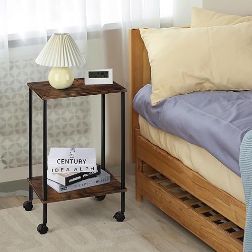 Miniatura 3 de Vrisa Mesas auxiliares industriales para dormitorio, mesita de noche con ruedas, mesita de noche con estantes de almacenamiento para espacios