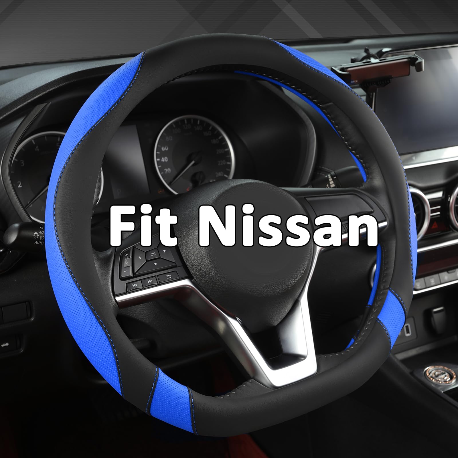 West Llama Flat Bottom Car Steering Wheel Cover for Nissan,D Shaped Steering Wheel Cover for Rogue,Altima,Kicks (Black+Blue-Standard Size)
