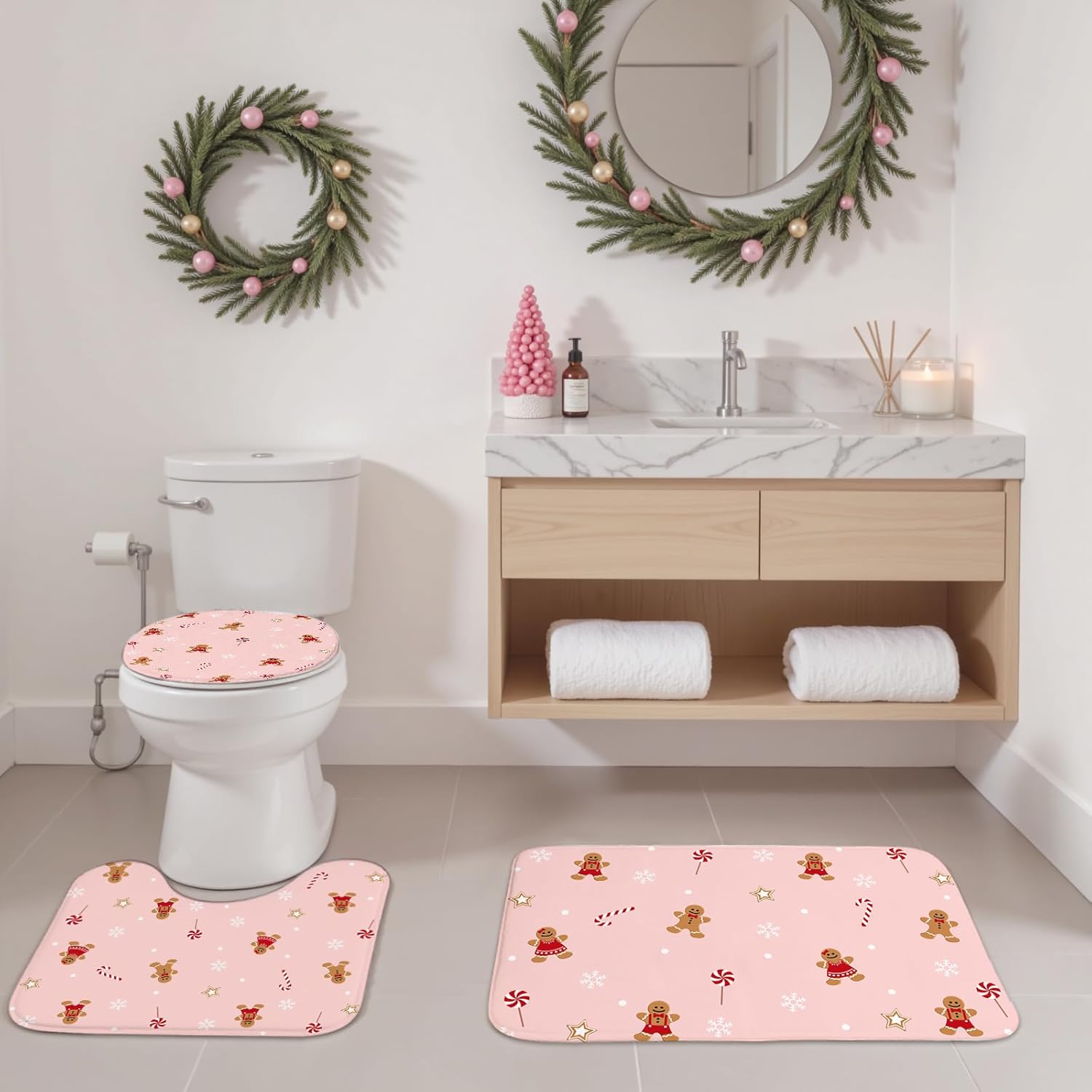 Mocsicka Pink Christmas Shower Curtain Set Xmas Candy Stars Cute Gingerbread-Man Snowflake Christmas Bathroom Decor Accessory Set with Non-Slip Washable Bath Rugs Toilet Lid Cover