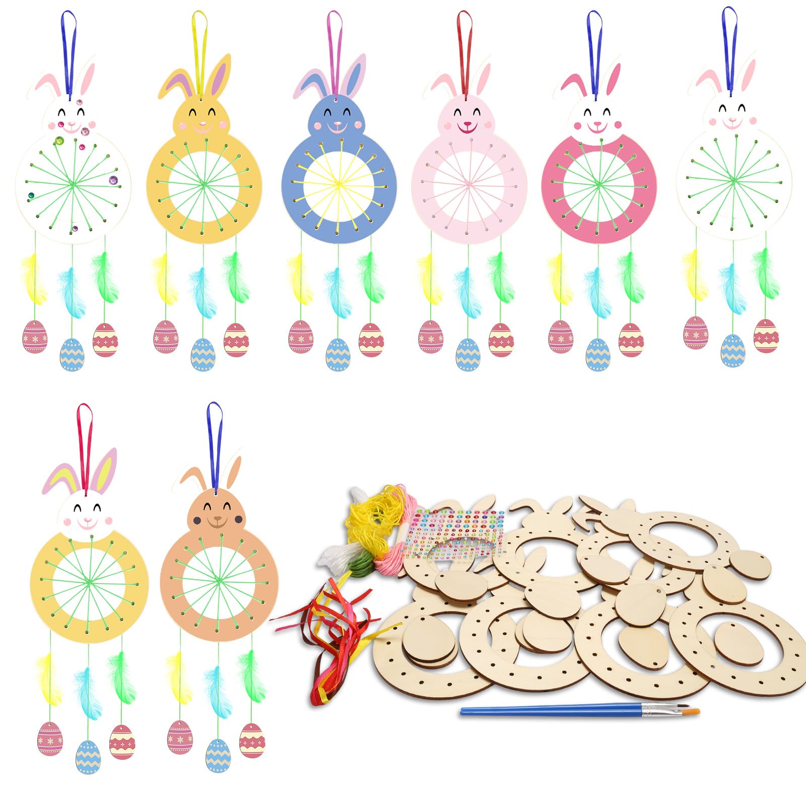 KATOOM 8 Pack Bunny Craft for Kids Paint You Own Easter Bunny Dream Catcher Craft Kit DIY Coloring Wooden Easter Art and Craft for Art Activity Project Decoration