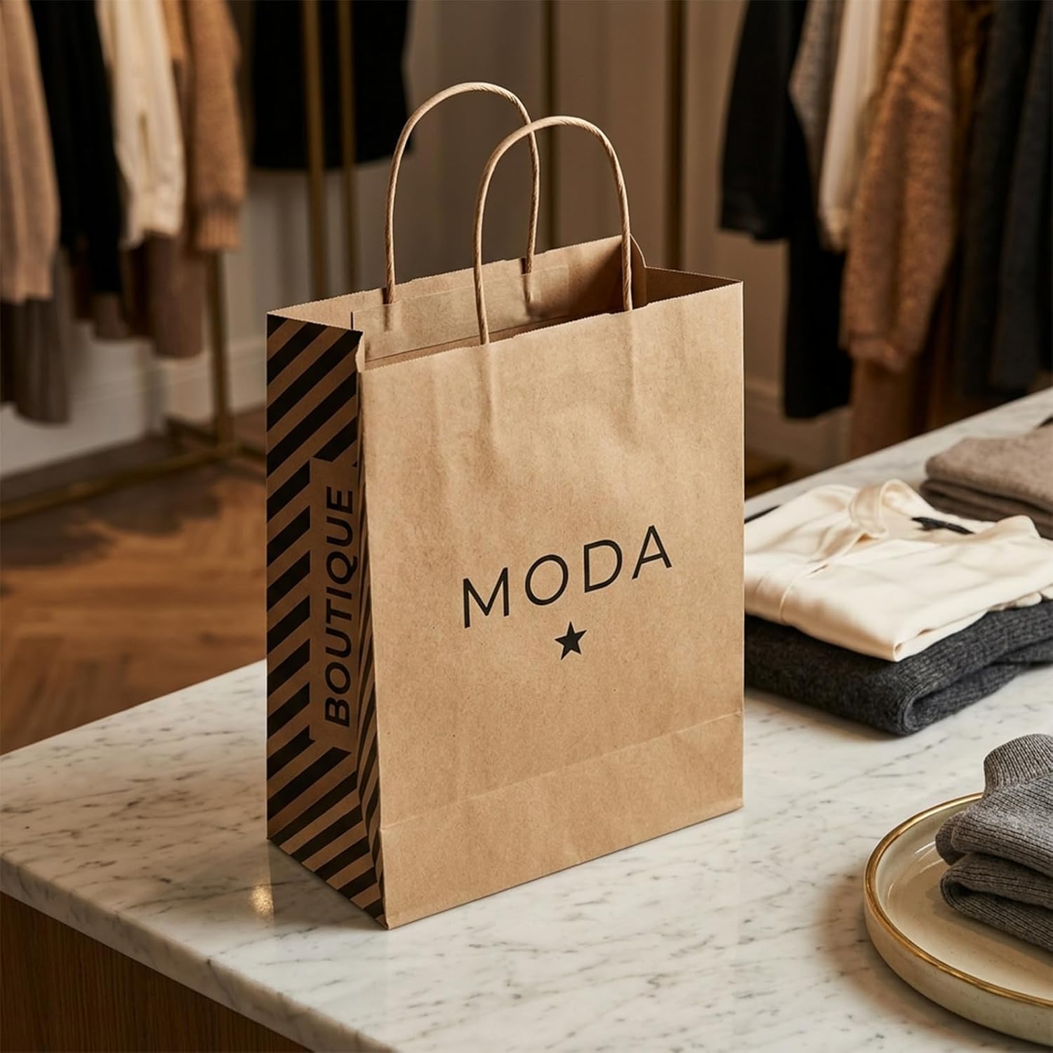 NOREVYE Custom Printed Kraft Paper Bags, 4-Side & Double-Side Printing, Custom Logo & Handle Color, Low MOQ 10 PCS, Personalized Gift Shopping Bags for Small Business, 5.9 x 3.1 x 8.25 Inch (10)
