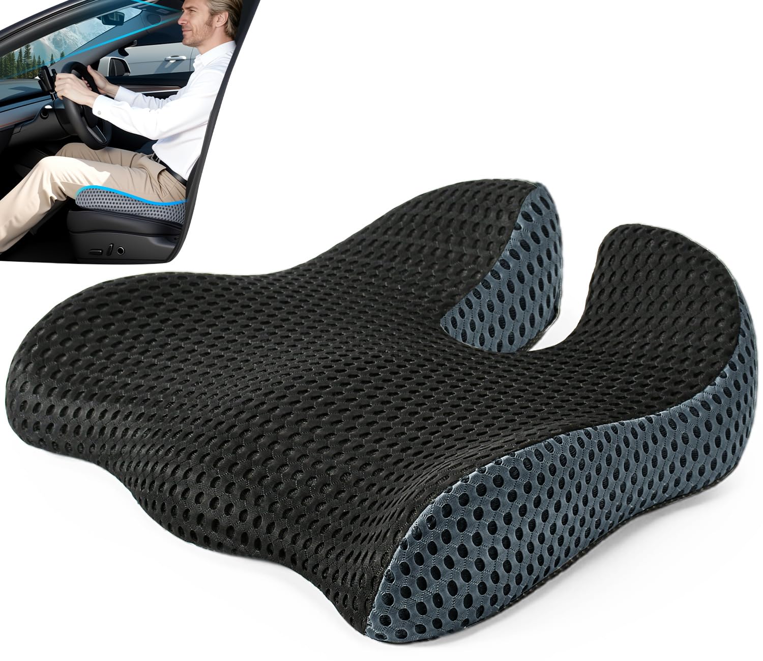 car seat cushion, broader visibility with wedge design & coccyx sciatica pain relief with ergonomic design, non-slip base,breathable mesh cover, memory foam for long drive in car truck van motorhome