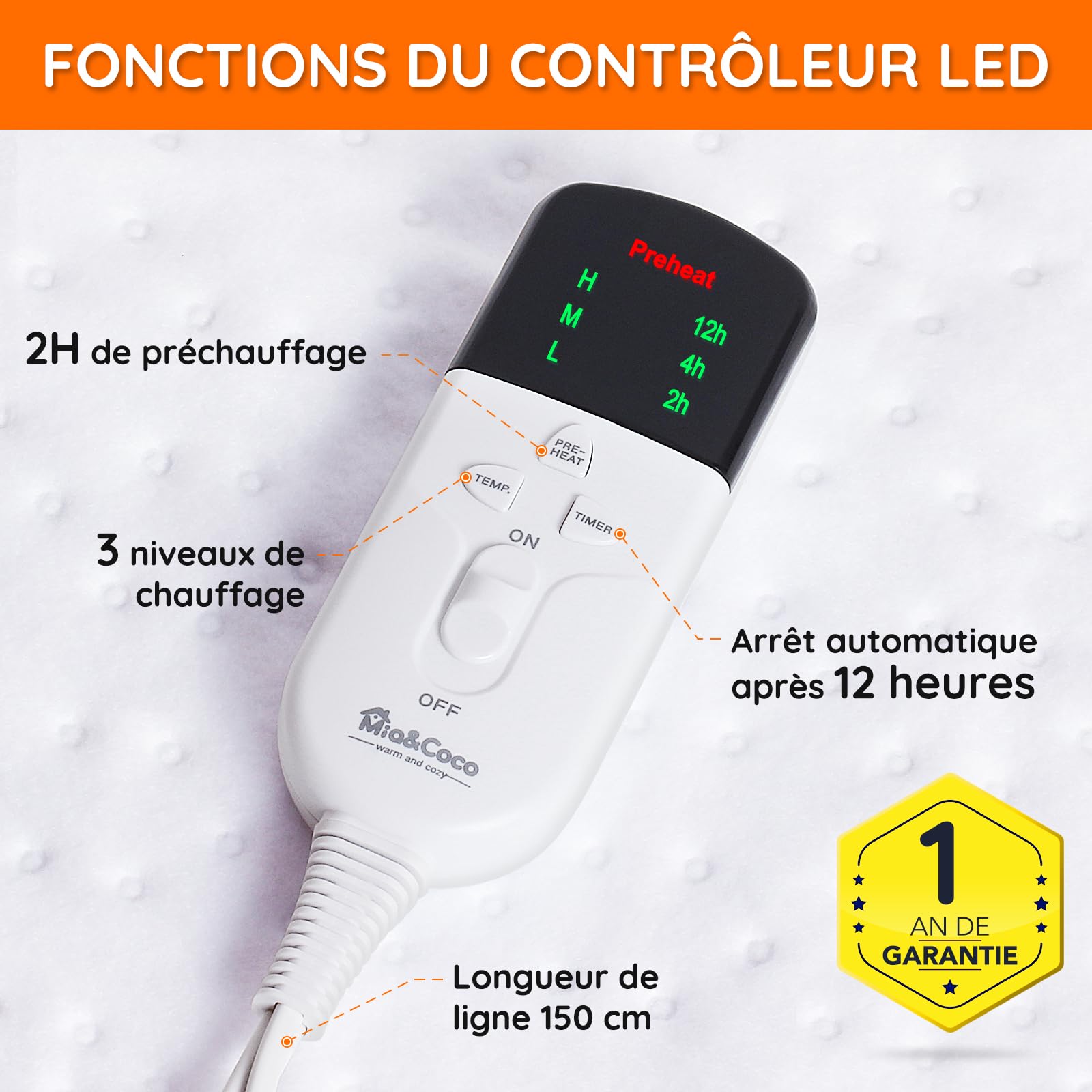 Mia&Coco Couverture Chauffante Électrique, sous-Couverture Chauffante avec Minuteries De 12 Heures Et 3 Réglages De Chaleur, Affichage LED, Machine Lavable (150 X 80 cm)