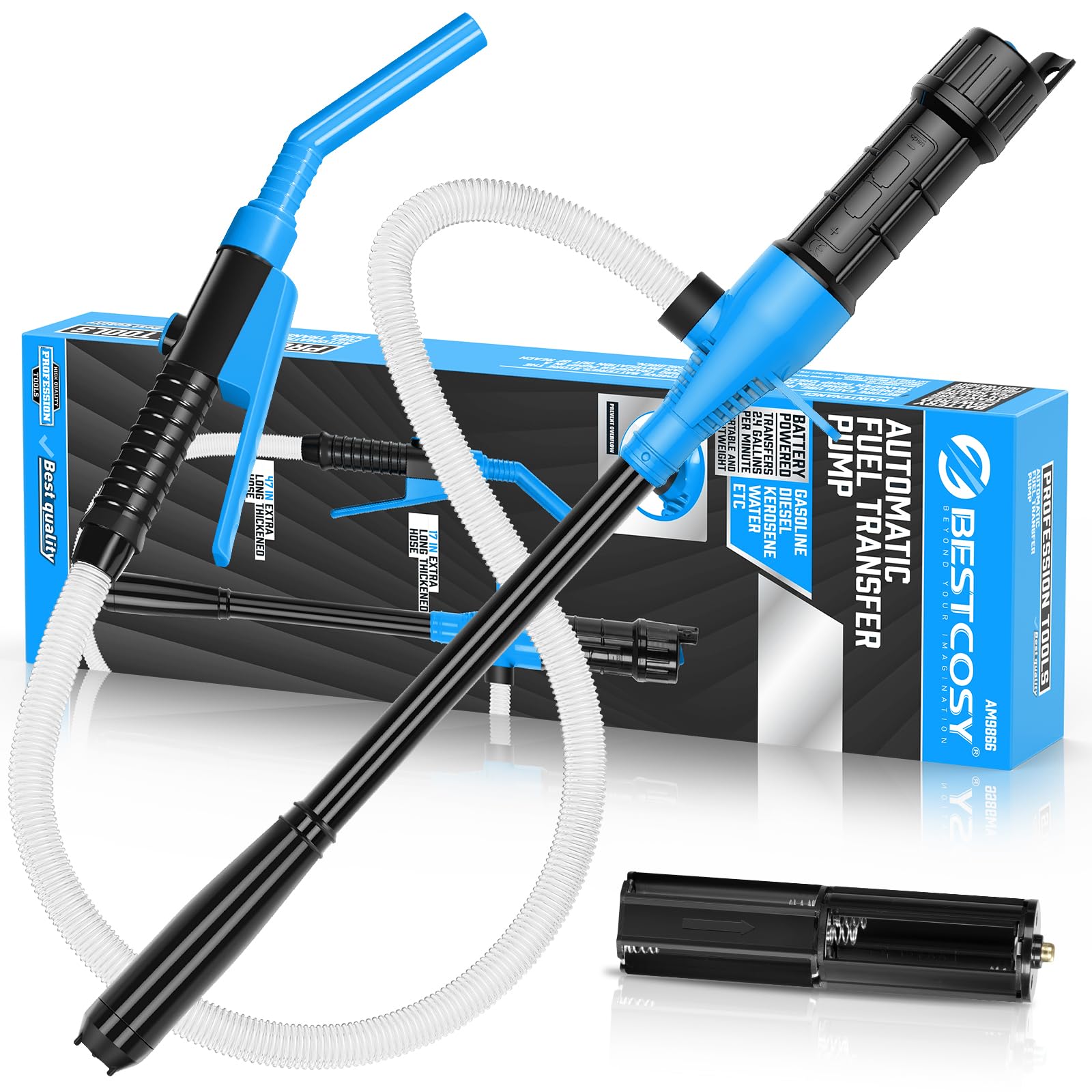 Portable Transfer Pump Battery Operated Electric Siphon Pump for Gas, Fuel, Diesel, Water Transfer 2.4 GPM Flow Oil Extractor, 47 Inches Hose-Easy to Use Hand Fuel Pump, Multi-Use Transfer Pump(Blue)