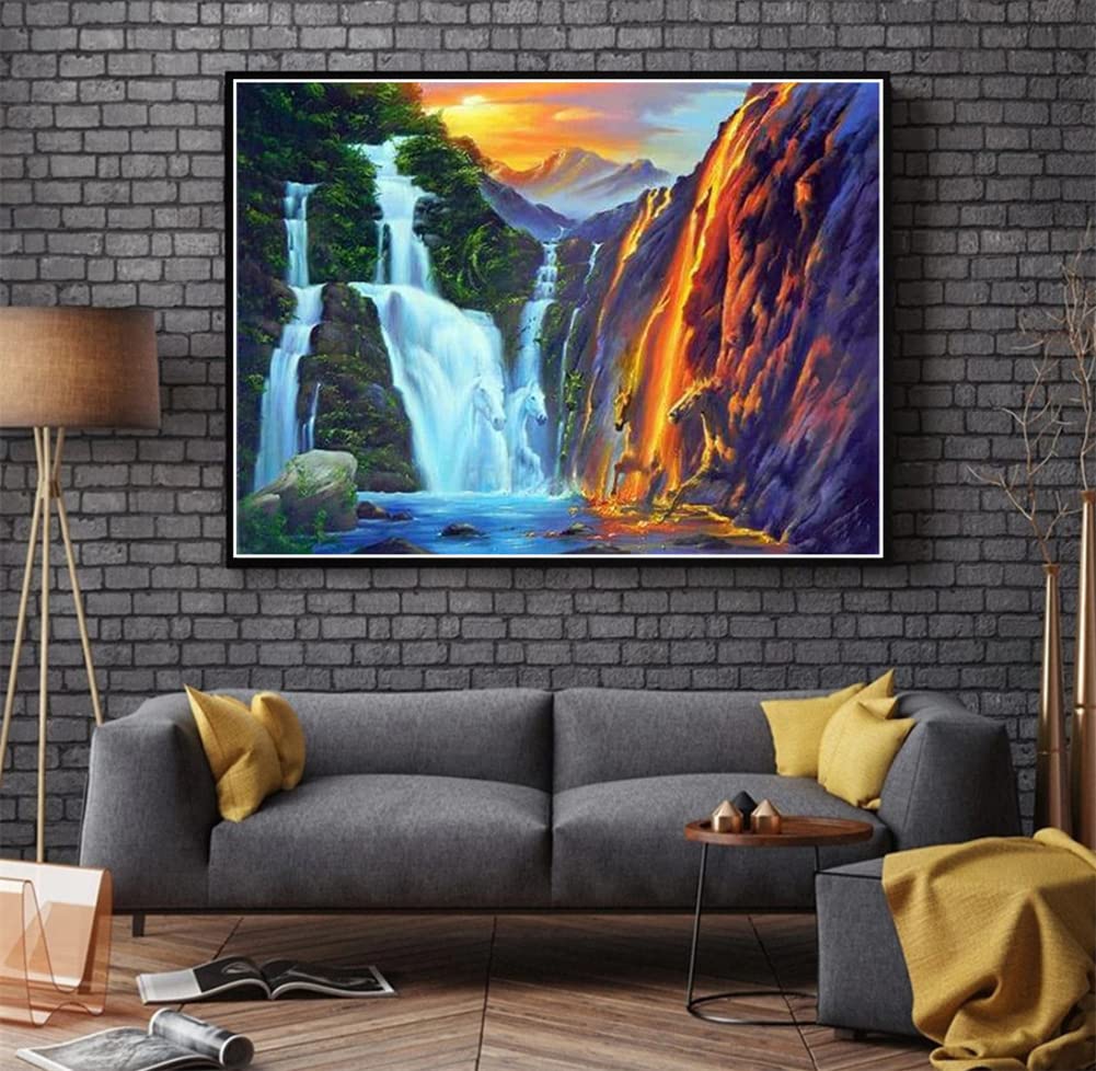 Diamond Painting „Pferd & Wasserfall“ – 5D DIY Bild Zum Kleben, 120x60 Cm, Vollstickerei