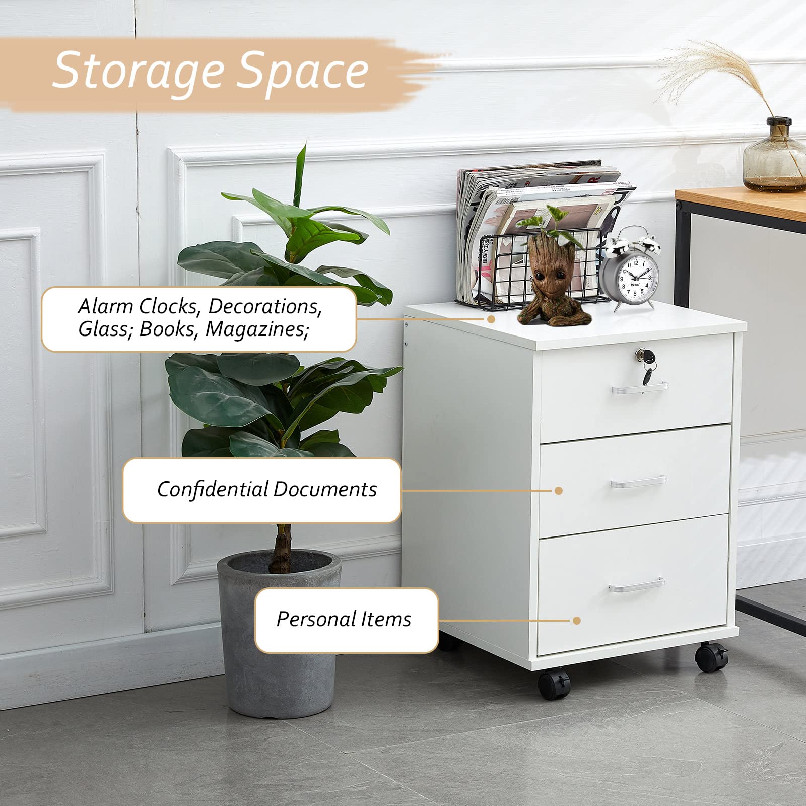 LEMROE Armadietto mobile a 3 cassetti con serratura e ruote in legno stile industriale per ufficio domestico (bianco, 3 cassetti)