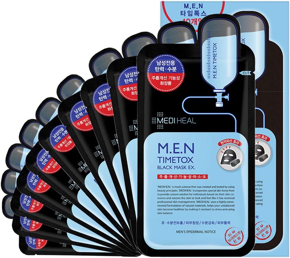 MEDIHEAL M.E.N Timetox Black Mask EX.10 Masks - Sebum Control & Pore Purifying Black Charcoal Facial Mask Sheet, for Oily and Troubled Skin, Anti-Wrinkle, Moisturizing