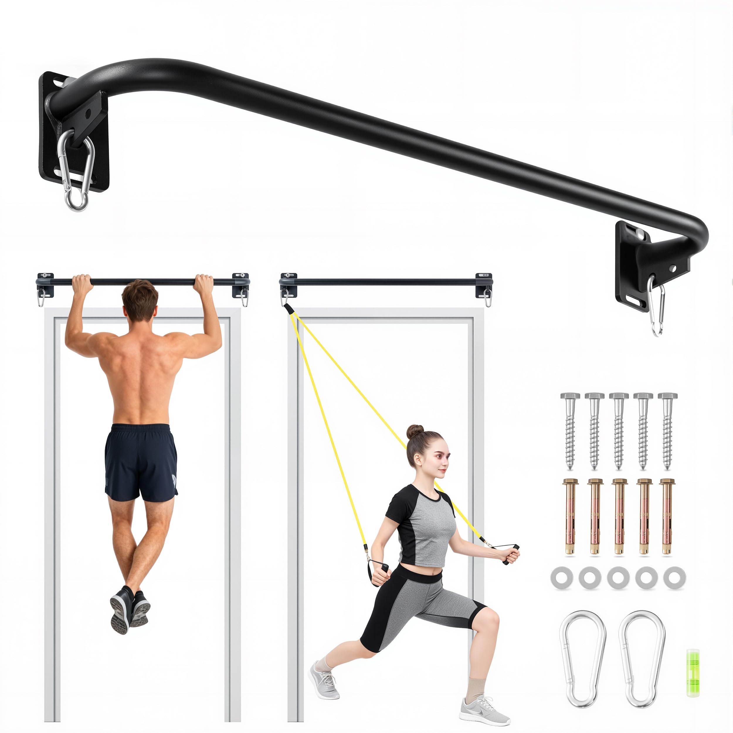 Heavy Duty Wall Mounted Pull Up Bar with 8mm Thick Steel Plates Heavy-Duty Carabiner Strength Training Bar for