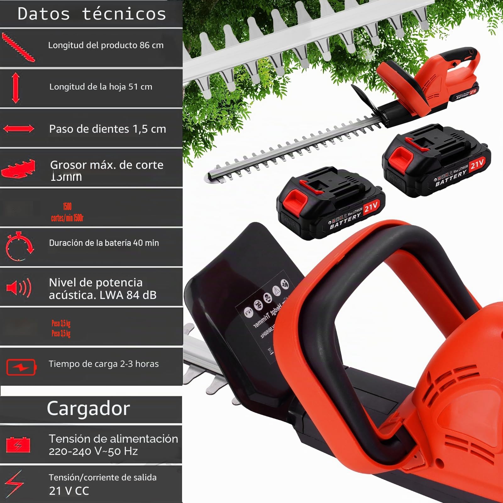 Cortasetos Inalámbrico de 21V con 2 * 3000 mAh Baterías y Cargador, Longitud de la Hoja de 51cm, Separación Entre Dientes, Eléctrico, para Podar Arbustos Mantenimiento del Jardín