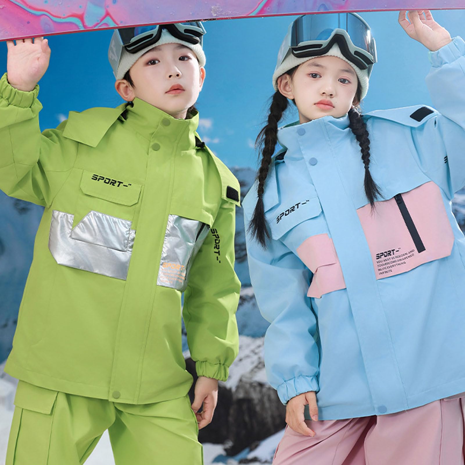 Traje de nieve para niños y niñas, juego de tres piezas chubasquero+chaqueta de forro polar+pantalones, traje de esquí de invierno