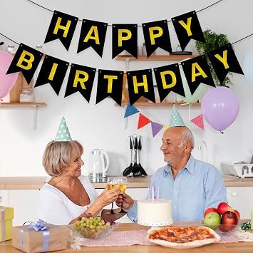 Pre-Strung Black and Gold Happy Birthday Banner Signs