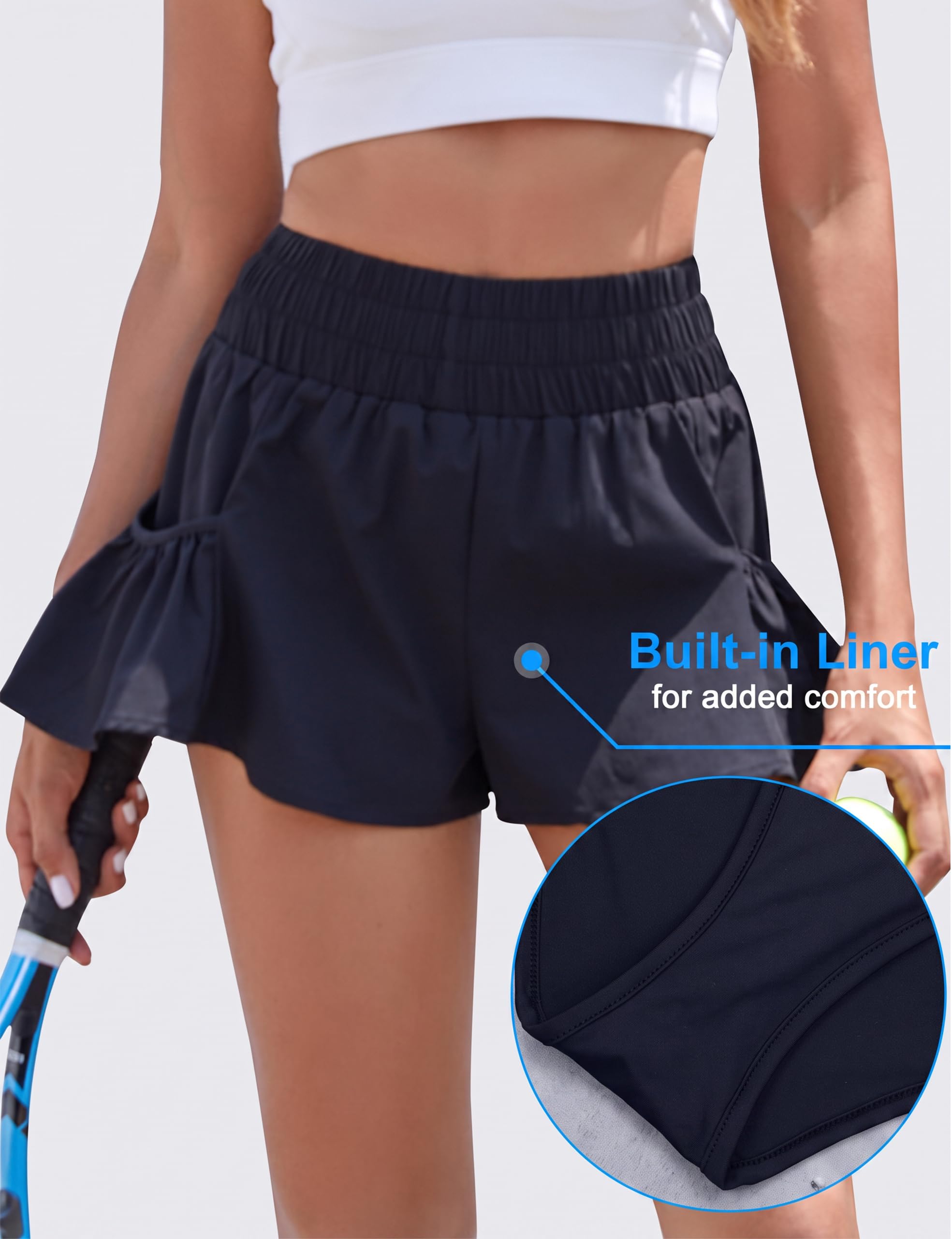 BMJL - Pantalones cortos de cintura alta para mujer, pantalones cortos atléticos para correr, entrenamiento o gimnasio, secado rápido, pantalones cortos sueltos con bolsillos