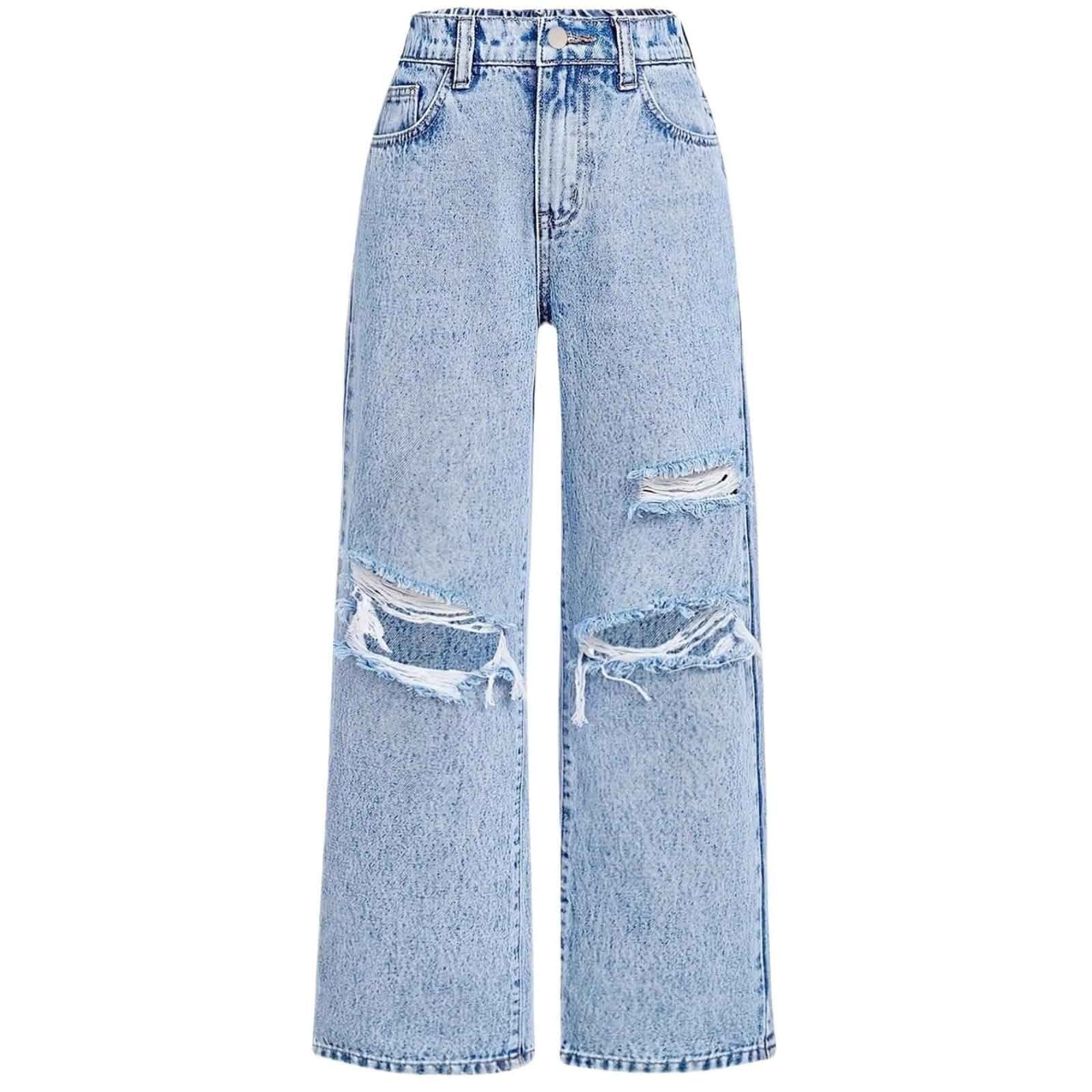Girls Baggy Ripped Jeans Wide Straight Leg High Waisted Denim Pants 7-14Y girls flare jeans, bell bottom, bowknot, star embroidered, Y2K streetwear, wrangler jeans, cute baggy, pockets, 7-14 teens