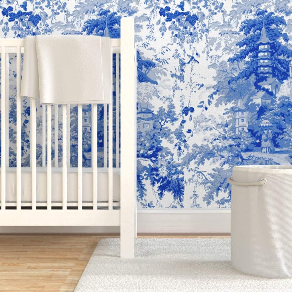 Peel & Stick Wallpaper Swatch - Chinoiserie Willow Blue White Toile Chinese Nature Garden Botanical Decor Home Kitchen Abstract Custom Removable Wallpaper by Spoonflower