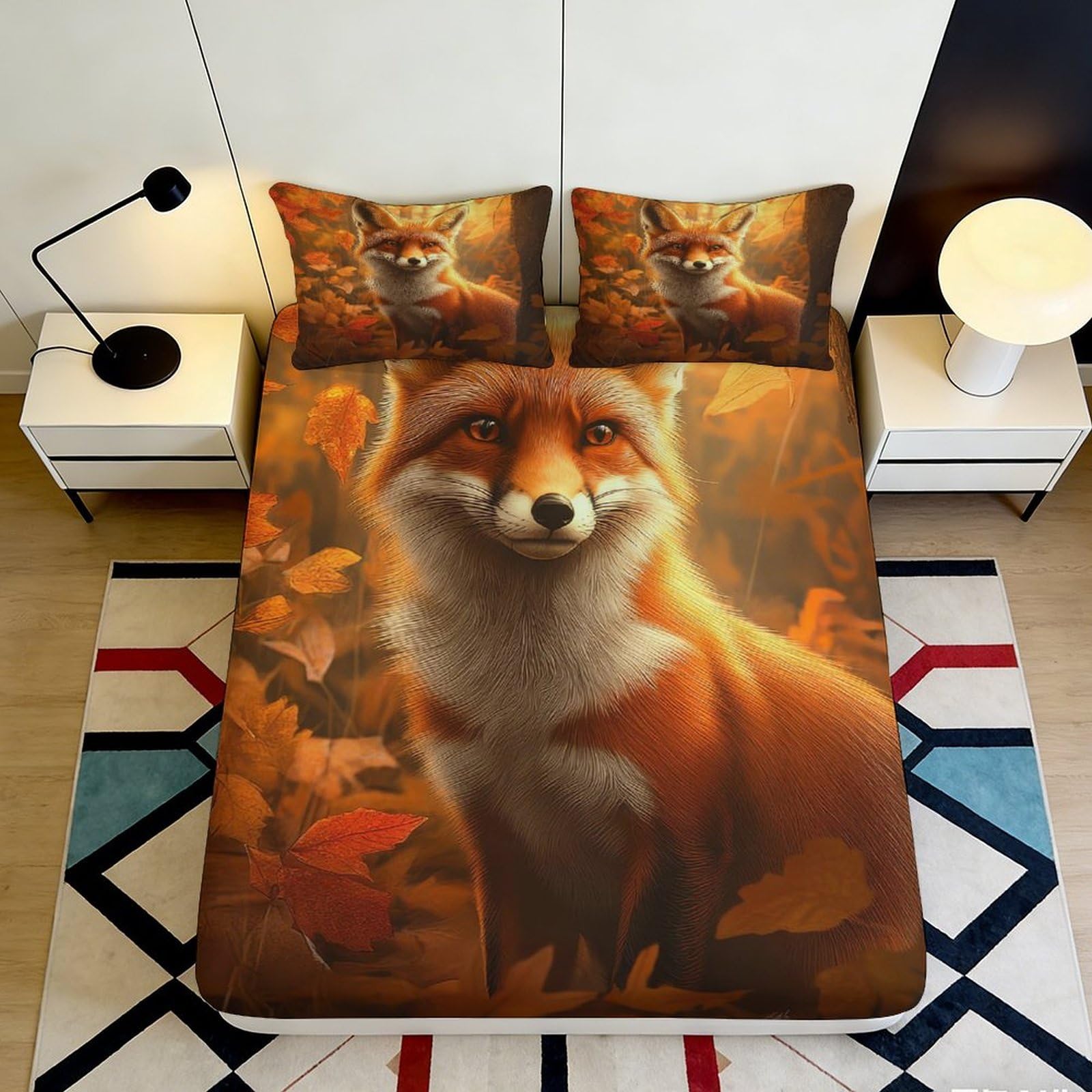 3D Printed Autumn Fox Fitted Sheet Microfiber Non Slip Forest Leaves Bed Cover for Bedroom Dorm Mattress Decor 90x200x25cm