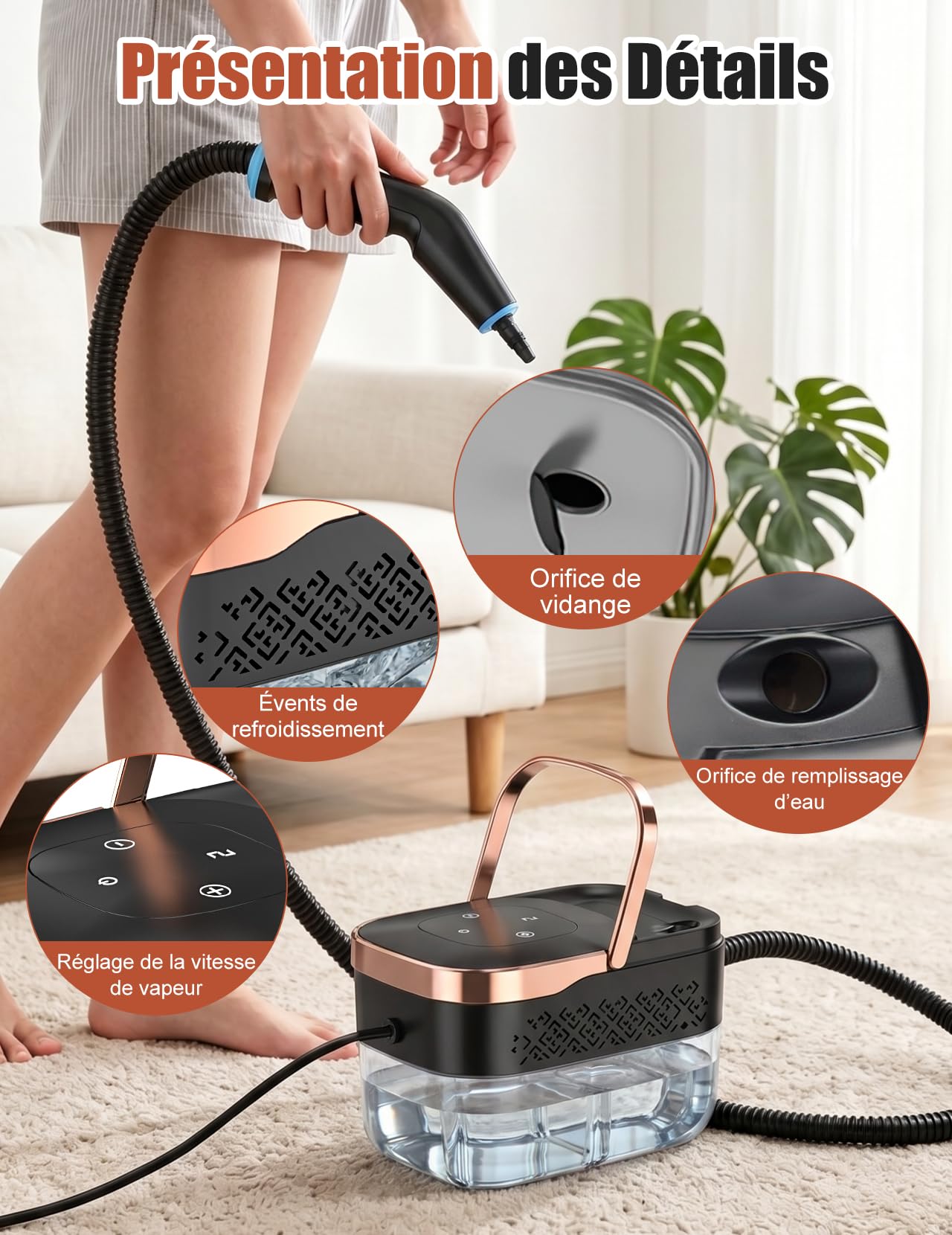 Nettoyeur à Vapeur, 2500W Nettoyeur à Vapeur Manuel Polyvalent avec 6 Vitesses Réglables et 8 Types de Buses, 1250ML Portable Haute Pression pour Maison et Voiture