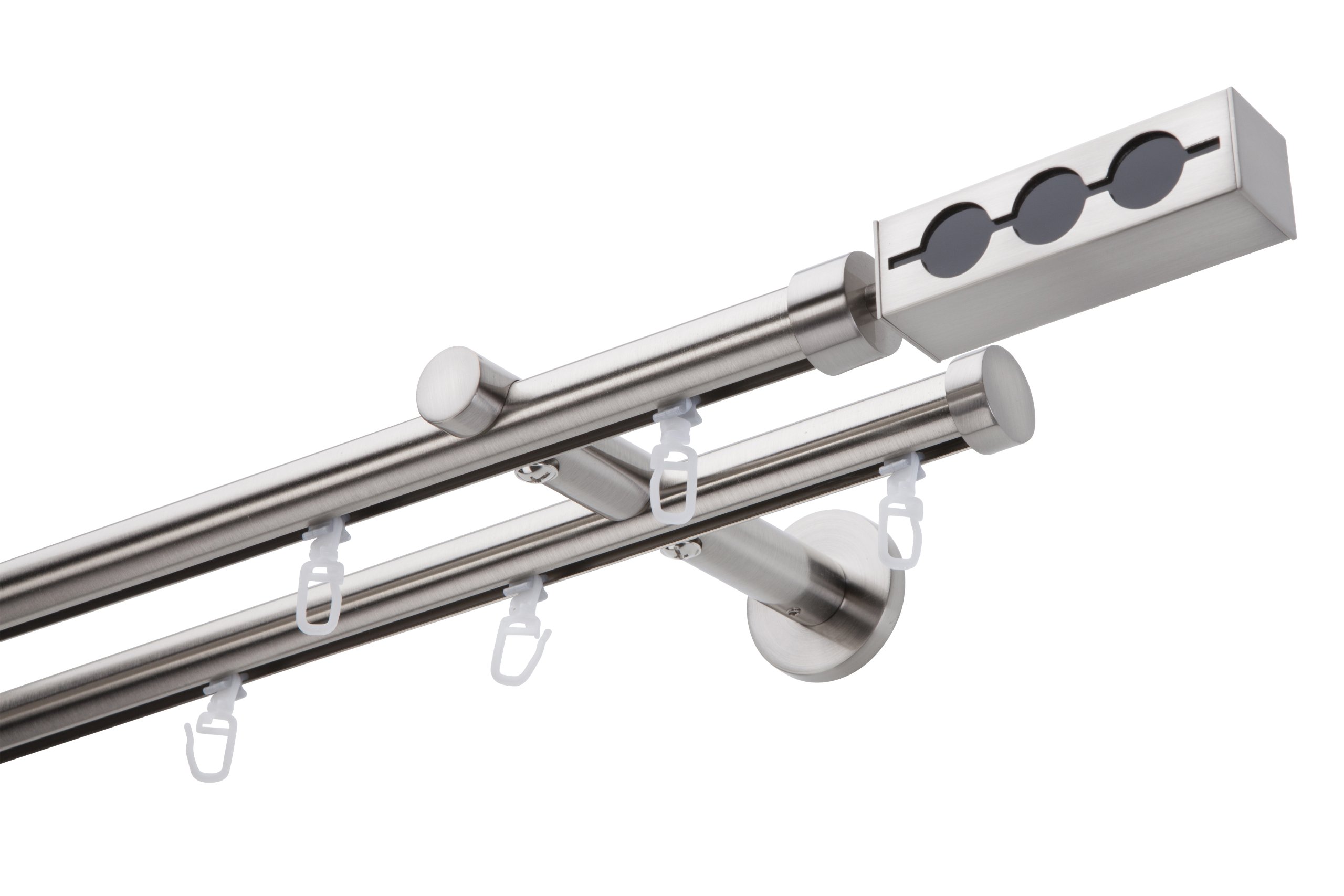 DécoProfi Gardinenstange Innenlauf 2-läufig Set Ø 20 mm Edelstahloptik (nickel gebürstet) I Länge: 600cm Aluminium für Wandmontage I Als Gardinenschiene & Vorhangstange geeignet