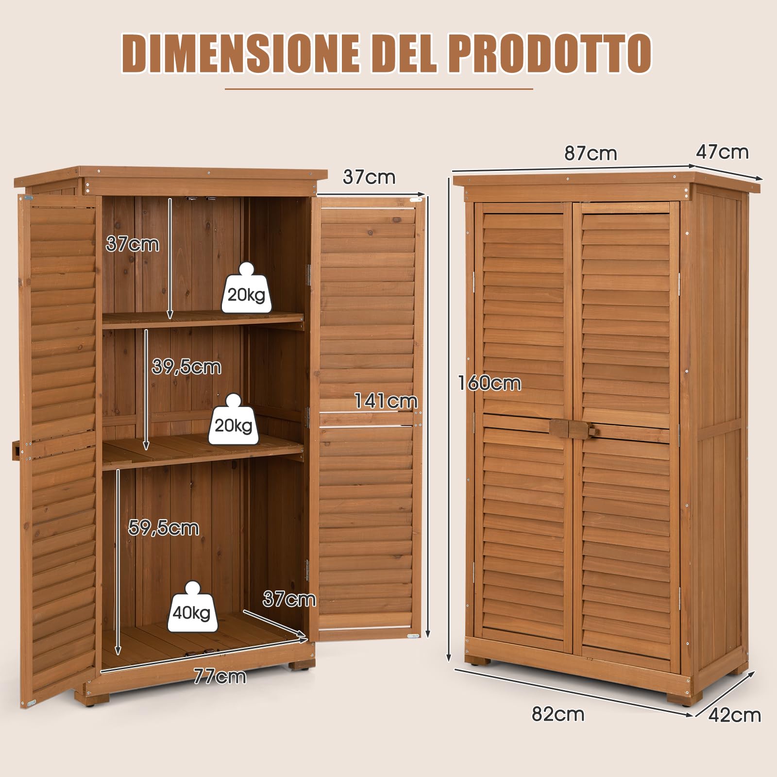 COSTWAY Capanni da Esterno, Armadio da Giardino in Legno Massiccio con 3 Ripiani Rimovibili, Tetto Impermeabile in Asfalto, Piedini Regolabili, Ripostiglio per Giardino, Terrazza e Cortile