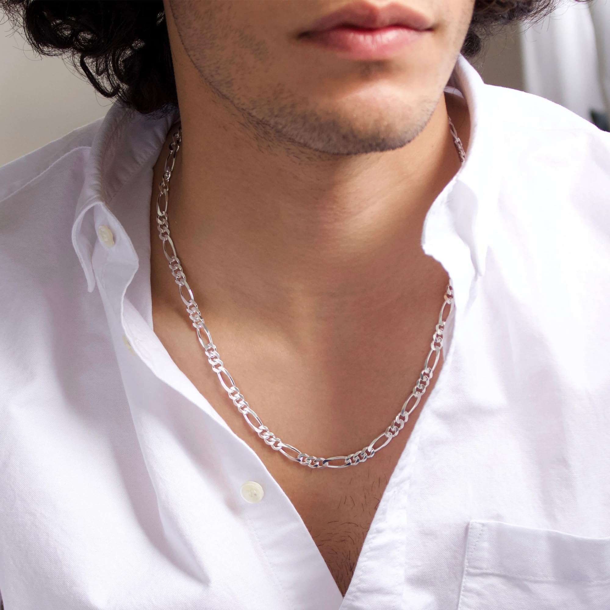 Esrael Chaîne Figaro Pour Homme en Argent Sterling Chaîne en Argent Largeur 3/5mm Taille 41/45/50/55/60cm Cadeau de Noël,Bijoux