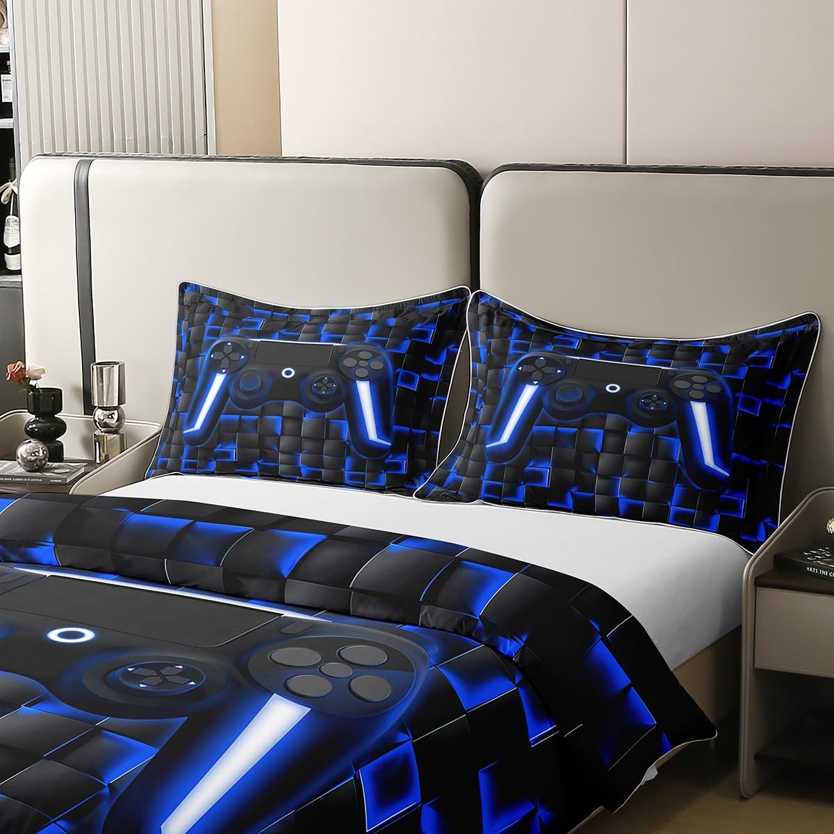 Homewish Juego de ropa de cama de 100 % algodón, 135 x 200 cm, juego de ropa de cama para videojuegos geométrica, juego de ropa de cama para videojuegos, decoración de sala de juegos, luces de neón