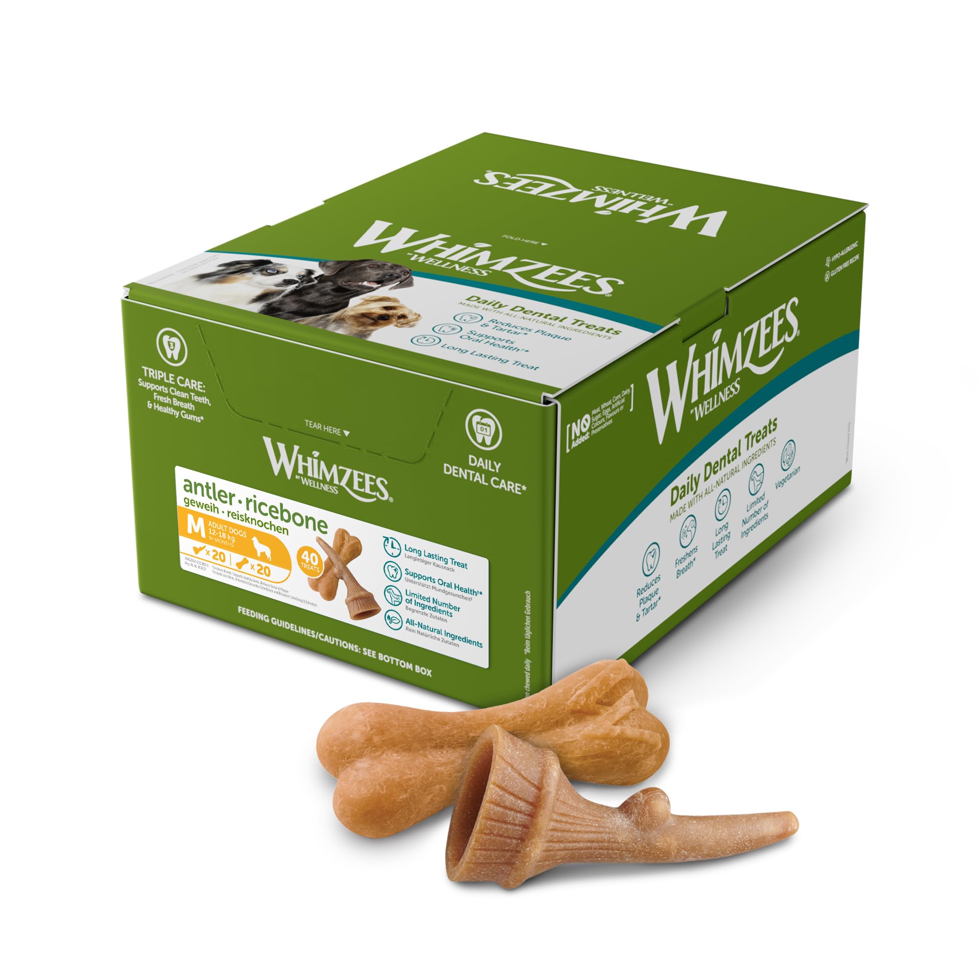 WHIMZEES Box Varietà M, 40 Pezzi – Taglia M, Snack per Cani di Taglia Media, Naturali & Senza Cereali, Vegetariane, Senza Zuccheri Aggiunti