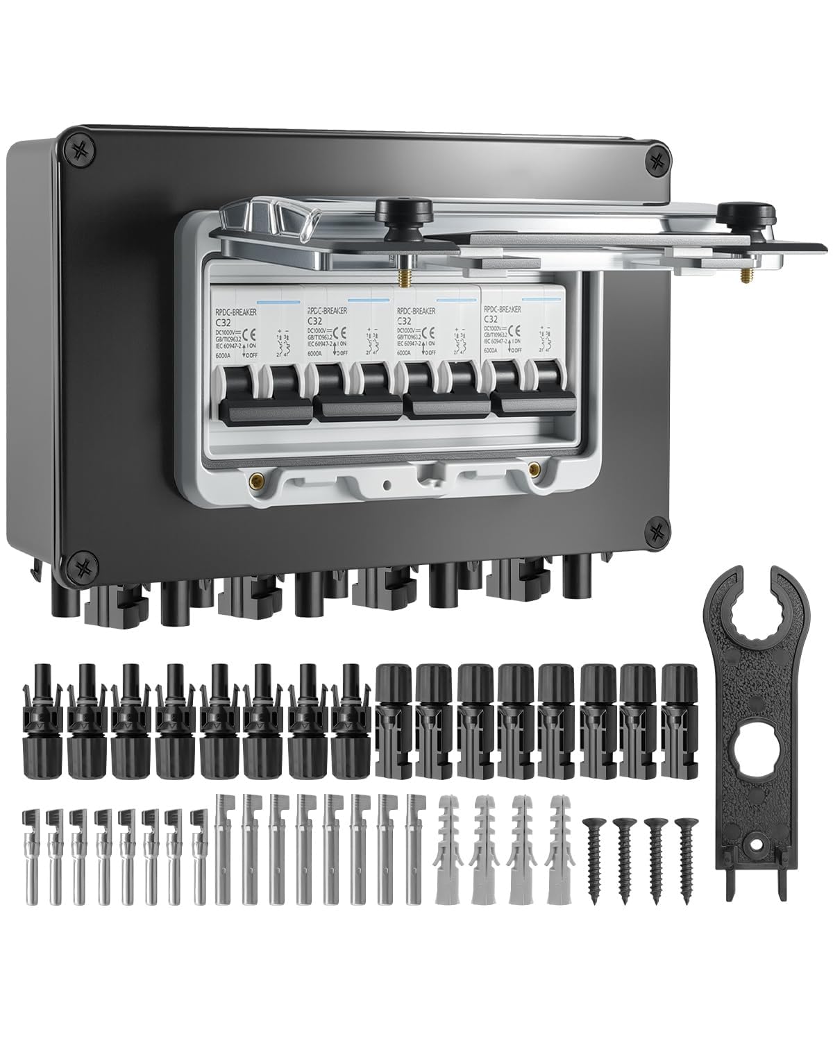 32A Solar DC Leistungsschalter Box 4 Strings, 12-1000V Solarpanel Trennschalter mit MC4 Steckern, IP67 Wasserdicht PV-Unterbrecher mit transparenter Abdeckung für Gitter/Off-Grid Systeme RV PV Array