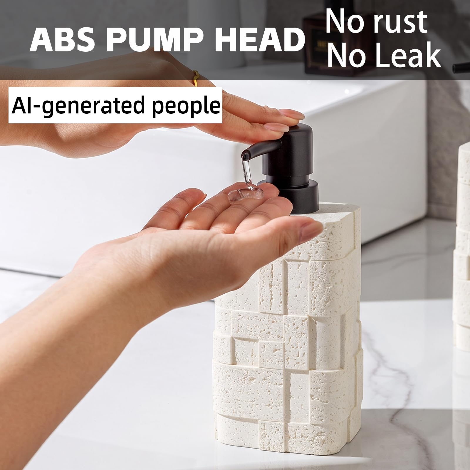 Dispenser di sapone da 400 ml, 2 pezzi, lussuoso dispenser per sapone per mani, lozioni, shampoo, sapone, effetto pietra travertina, per cucina, bagno, piano di lavoro (bianco)