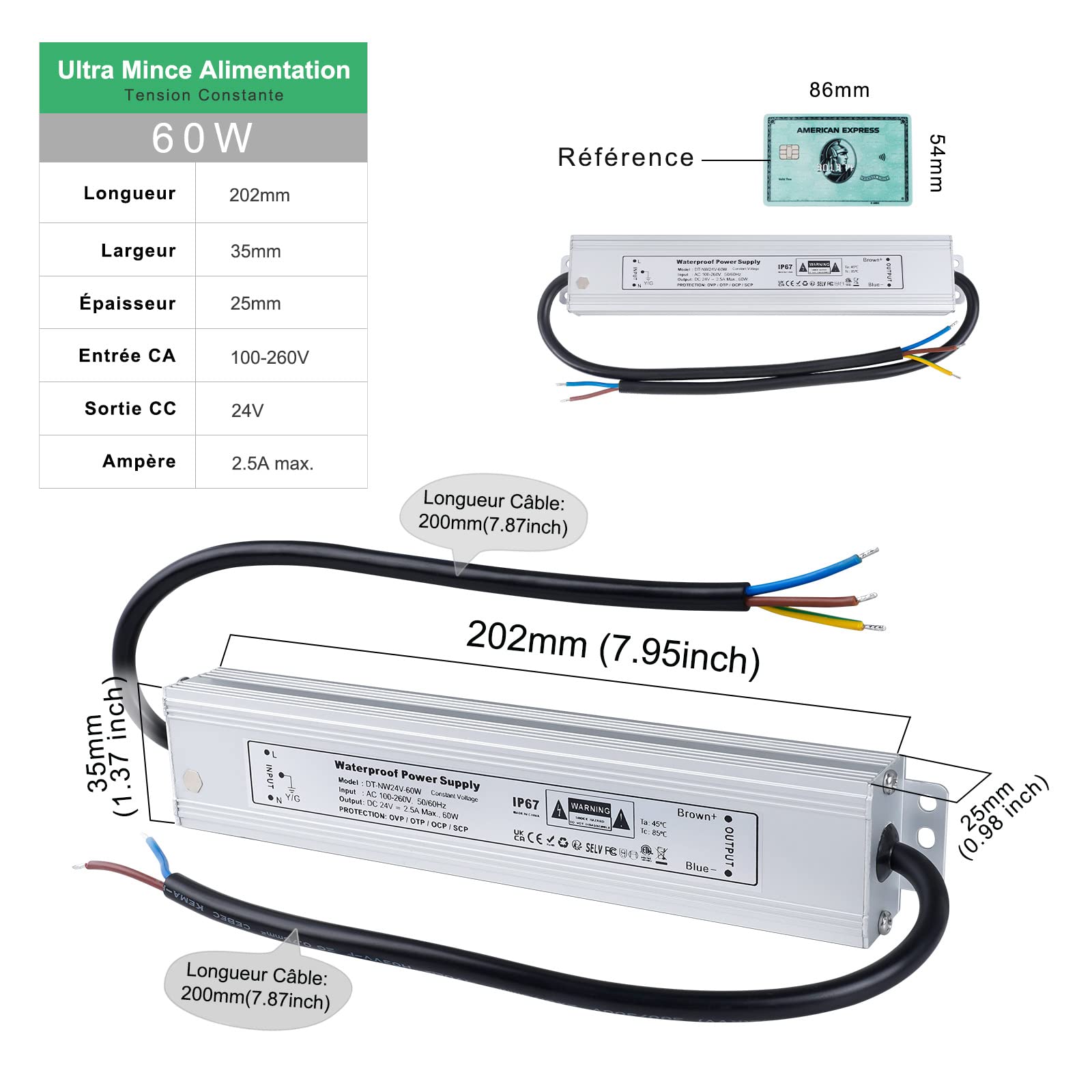 REYLAX Transformateur 220V 24V 60W Imperméable Alimentation LED Transfo Entrée 100-260V AC Sortie DC 24V 2,5A Driver Tension Constante étanche IP67 Adaptateur Basse Tension pour CCTV Bande Led