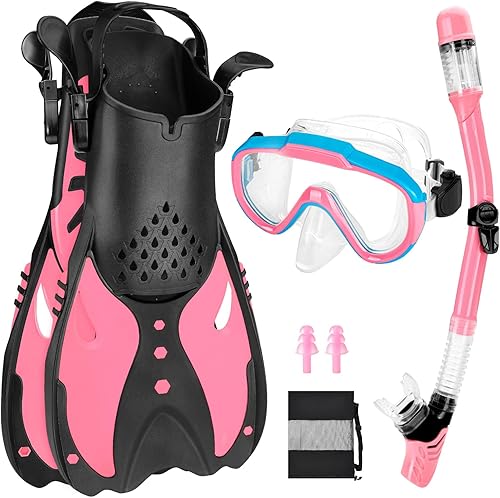 Juego de aletas de máscara para niños, equipo de esnórquel para niños de 5 a 16 años, máscara de buceo antivaho con vista panorámica, aletas de