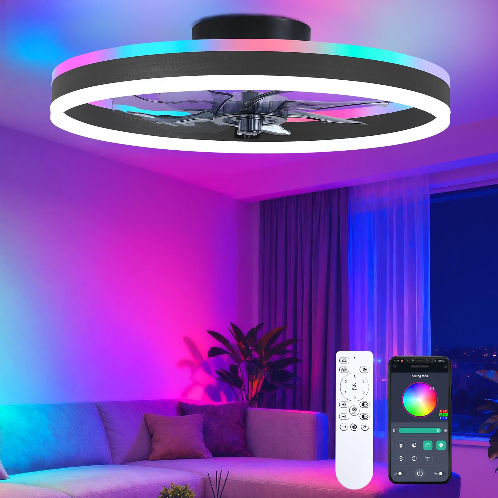 RGB Ceiling Fans with Lights, 20" Fandelier Low Profile Ceiling Fan with Light, Modern Flush Mount Ceiling Fan Light with Remote/APP Control, Bedroom Chandelier Fan Fixture for Indoor(Black)