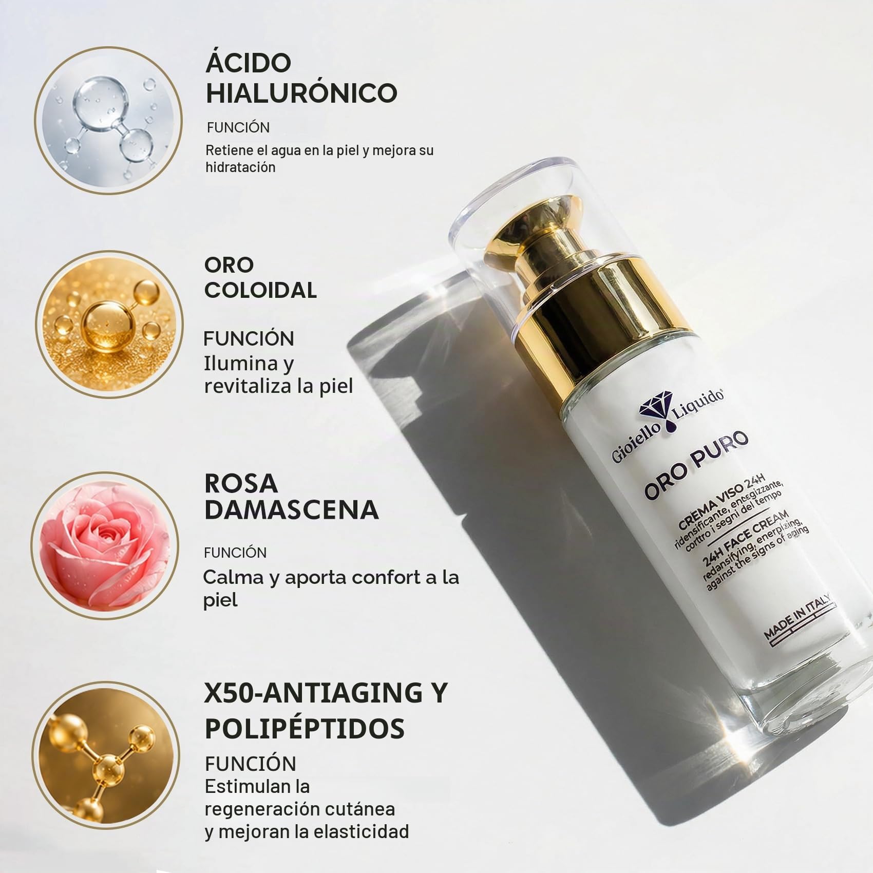 Crema facial para piel madura efecto de elevación immedio - con oro coloidal, ácido hialurónico antienvejecimiento, betaine y damasco agua rosa 30 ml fabricado en Italia
