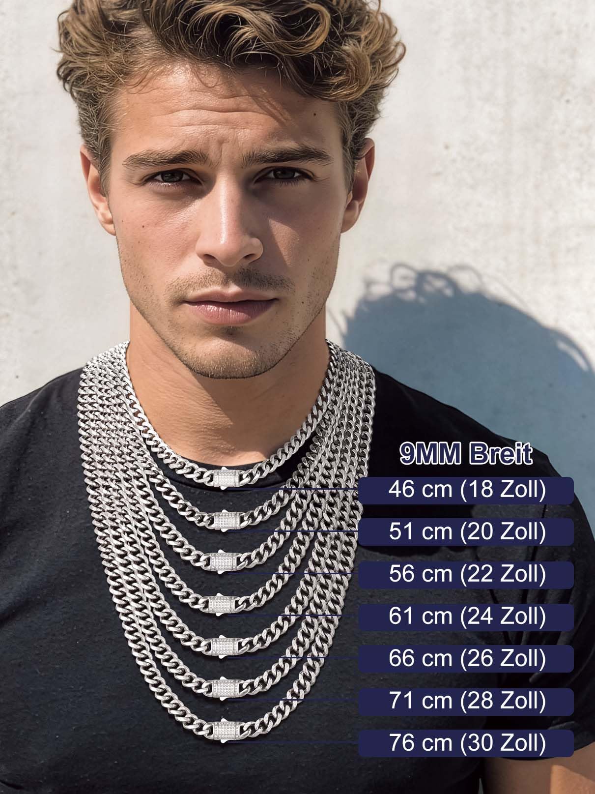Bandmax Halskette Herren Edelstahl Panzerkette 6/9/12MM breit Kubanische Kette Silber/Gold/Schwarz Gliederkette Männer Hip Hop Kette mit Zirkon Verschluss Schmuck, Kettenlänge 46-76CM