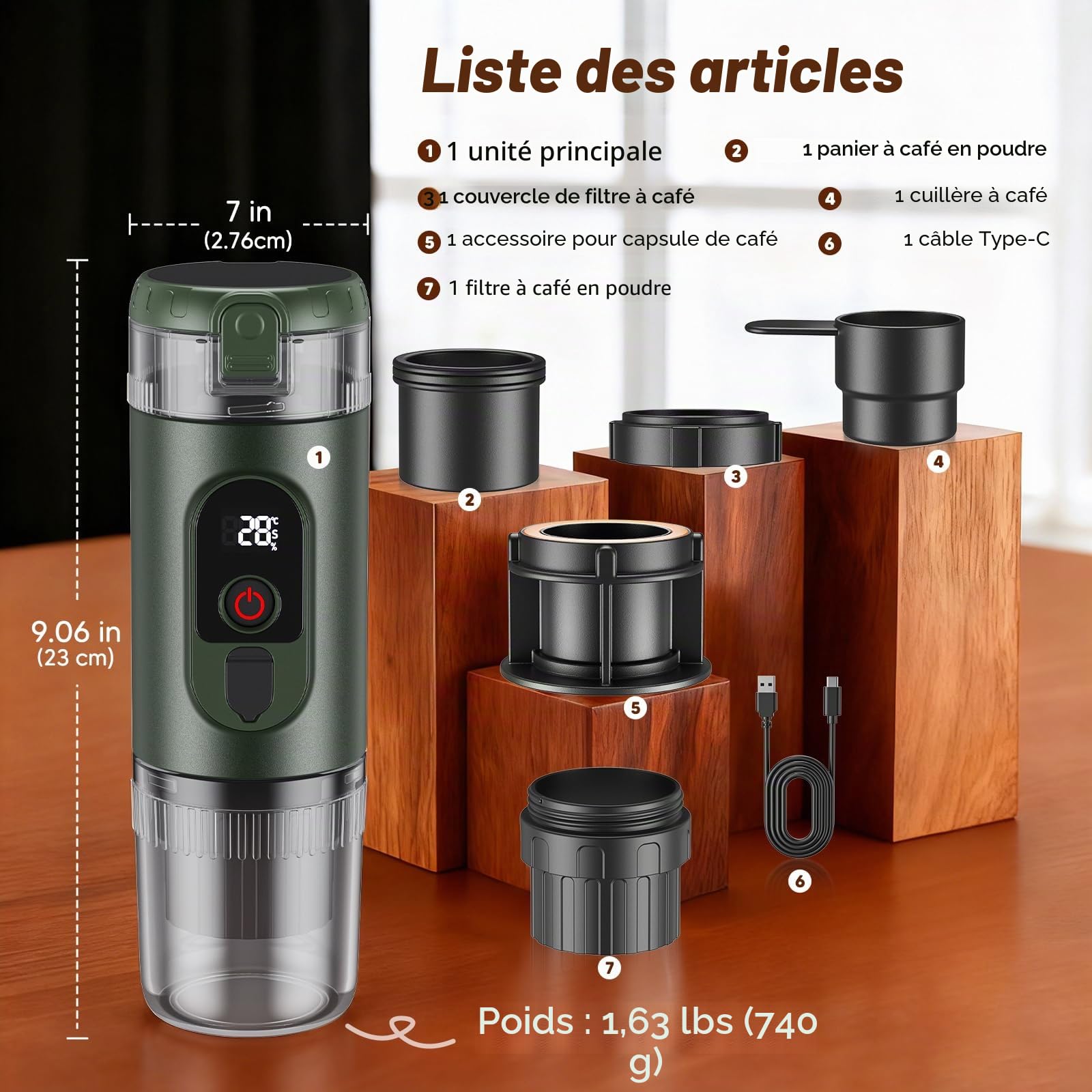 Machine à café portable 2 en 1 avec batterie 7650 mAh, pression de 20 BAR, extraction chaude/froide, pour dosettes et café moulu, portable pour bureau, voyages et camping (vert)